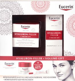 Eucerin Hyaluron-Filler + Volume-Lift Bőrfeszesítő nappali arckrém normál, vegyes bőrre + Eucerin Hyaluron-Filler + Volume-Lift ráncfeltöltő szemránckrém